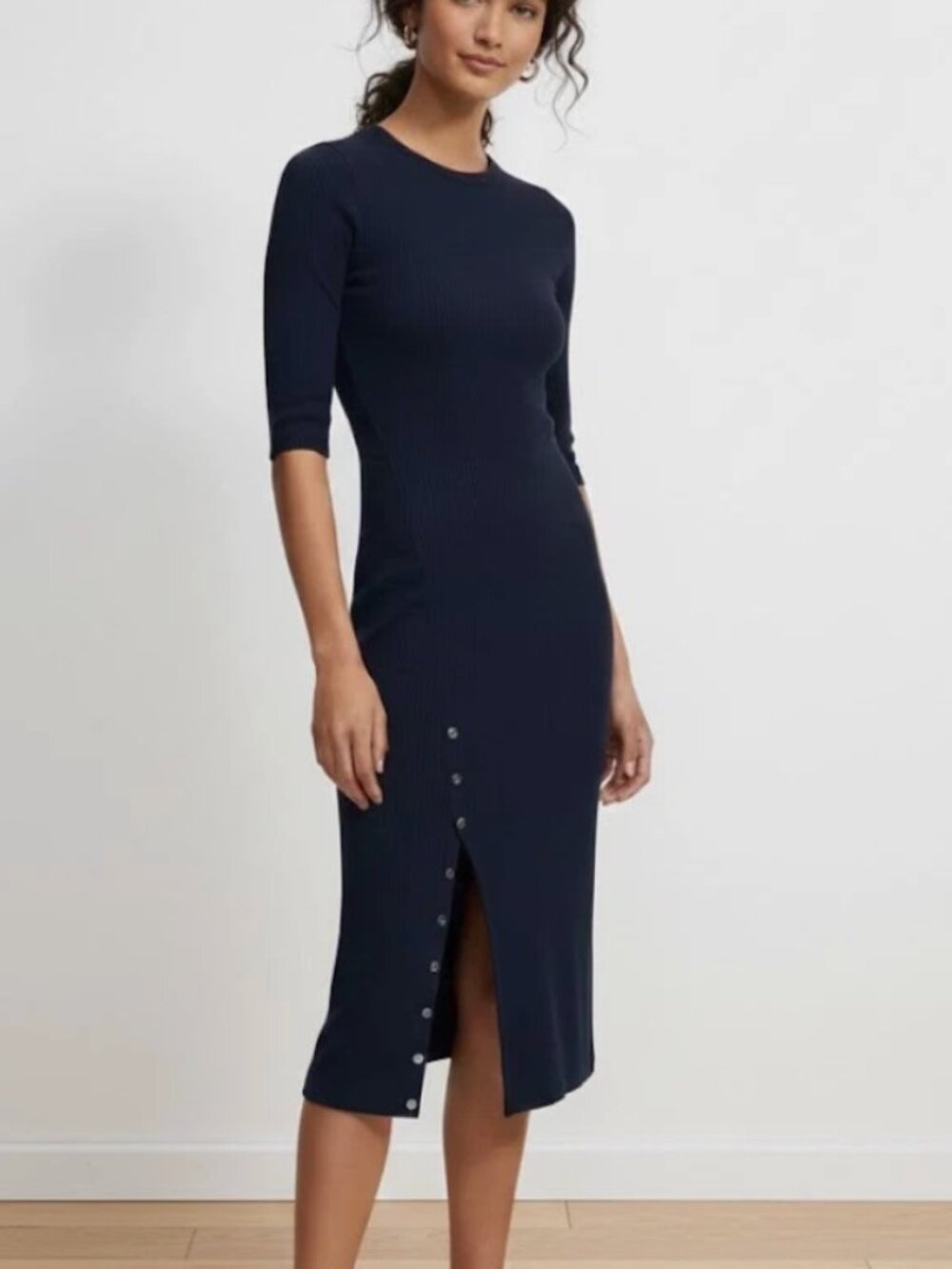 Theory Ribbed Deep Navy Perry Knit Midi Dress with Side Button Slit